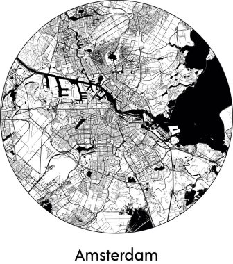 Amsterdam 'ın Minimal Şehir Haritası (Hollanda, Avrupa) siyah beyaz vektör illüstrasyonu