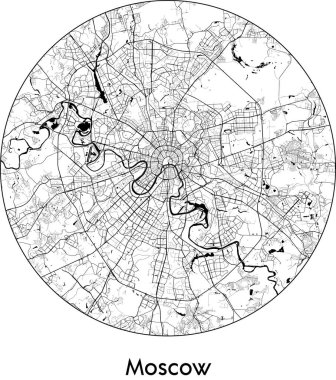 Moskova 'nın Minimal Şehir Haritası (Rusya, Avrupa) siyah beyaz vektör illüstrasyonu