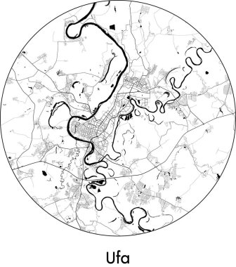 Ufa Şehir Haritası (Rusya, Avrupa) siyah beyaz vektör illüstrasyonu