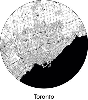 Toronto Minimal Şehir Haritası (Kanada, Kuzey Amerika) siyah beyaz vektör illüstrasyonu