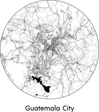 Guatemala Şehri Minimal Şehir Haritası (Guatemala, Kuzey Amerika) siyah beyaz vektör çizimi