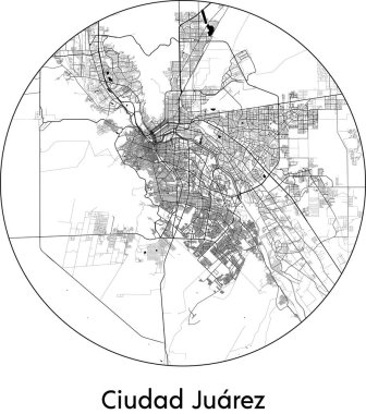 Ciudad Juarez Minimal Şehir Haritası (Meksika, Kuzey Amerika) siyah beyaz vektör çizimi