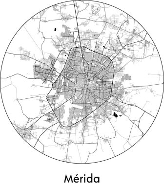 Merida 'nın Minimal Şehir Haritası (Meksika, Kuzey Amerika) siyah beyaz vektör illüstrasyonu