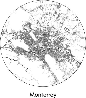 Monterrey Minimal Şehir Haritası (Meksika, Kuzey Amerika) siyah beyaz vektör çizimi