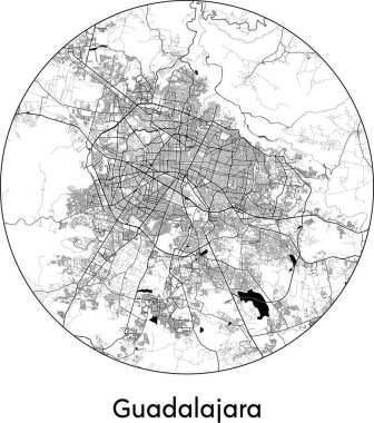Guadalajara Minimal Şehir Haritası (Meksika, Kuzey Amerika) siyah beyaz vektör çizimi