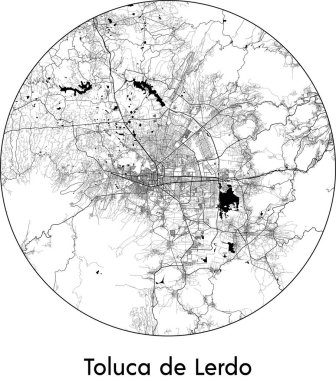 Toluca de Lerdo 'nun Minimal Şehir Haritası (Meksika, Kuzey Amerika) siyah beyaz vektör çizimi