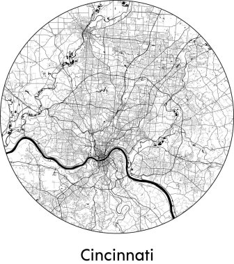 Cincinnati Minimal Şehir Haritası (ABD, Kuzey Amerika) siyah beyaz vektör çizimi