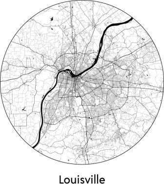 Louisville 'in Minimal Şehir Haritası (ABD, Kuzey Amerika) siyah beyaz vektör çizimi