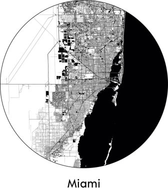 Miami Minimal Şehir Haritası (ABD, Kuzey Amerika) siyah beyaz vektör illüstrasyonu