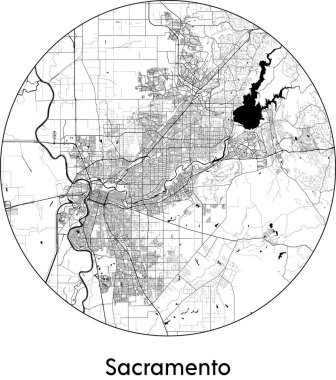 Sacramento Minimal Şehir Haritası (ABD, Kuzey Amerika) siyah beyaz vektör çizimi