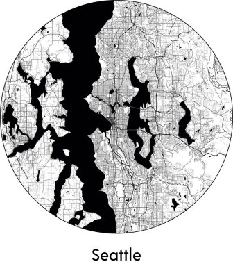 Seattle 'ın Minimal Şehir Haritası (ABD, Kuzey Amerika) siyah beyaz vektör illüstrasyonu