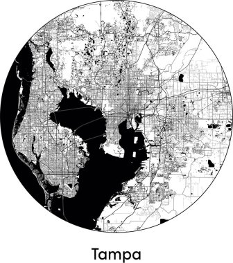 Minimal Şehir Tampa Haritası (ABD, Kuzey Amerika) siyah beyaz vektör çizimi