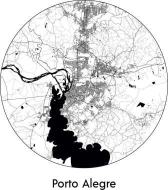 Porto Alegre 'nin Minimal Şehir Haritası (Brezilya, Güney Amerika) siyah beyaz vektör çizimi