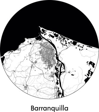 Barranquilla Minimal Şehir Haritası (Kolombiya, Güney Amerika) siyah beyaz vektör çizimi
