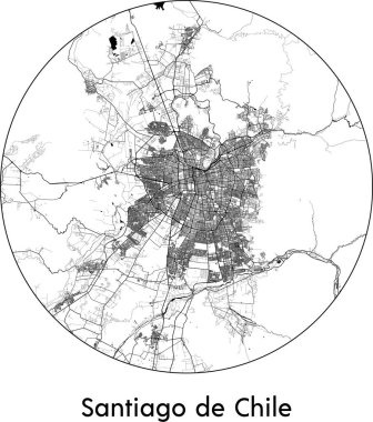 Santiago de Chile 'in Minimal Şehir Haritası (Şili, Güney Amerika) siyah beyaz vektör çizimi