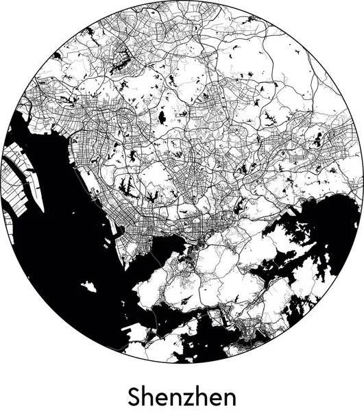 Minimalna Mapa Miasta Shenzhen Chiny Azja Czarny Biały Wektor Ilustracja — Wektor stockowy