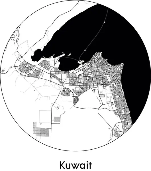 Kuveyt Asgari Şehir Haritası (Kuveyt, Asya) siyah beyaz vektör illüstrasyonu