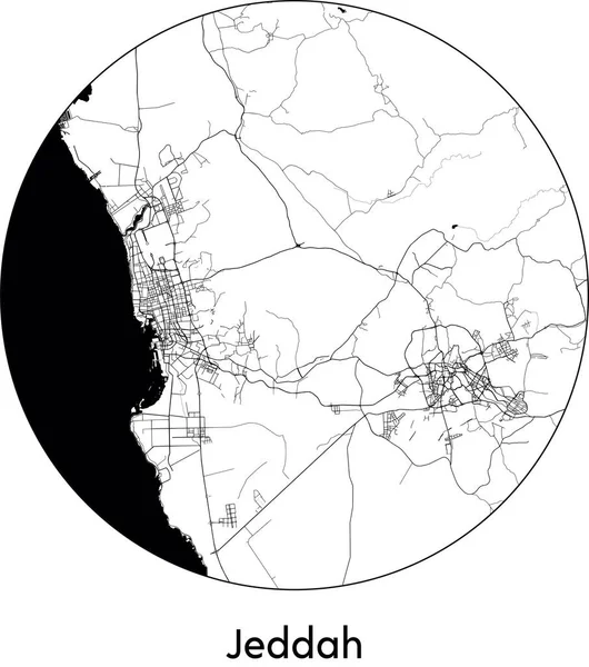 Asgari Şehir Jeddah Haritası (Suudi Arabistan, Asya) siyah beyaz vektör çizimi