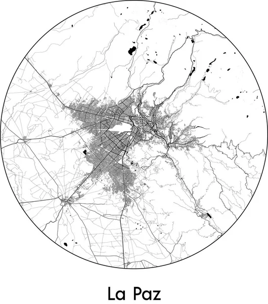 La Paz 'ın Minimal Şehir Haritası (Bolivya, Güney Amerika) siyah beyaz vektör çizimi
