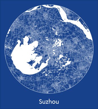 Şehir haritası Suzhou Çin Asya mavi baskı daire vektör illüstrasyonu