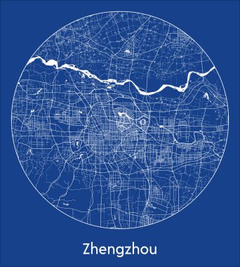 Şehir haritası Zhengzhou Çin Asya mavi renkli yuvarlak daire çizimi