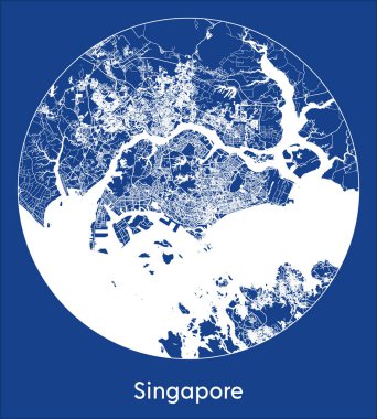 Singapur Şehir Haritası Singapur Asya mavi baskı daire vektör illüstrasyonu
