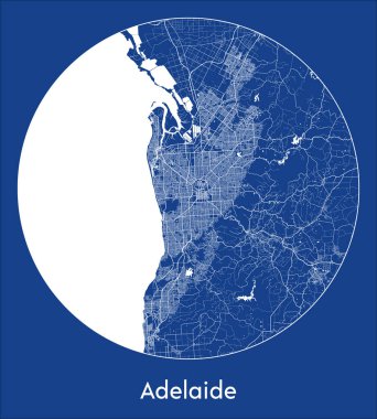Adelaide Avustralya Şehir Haritası Mavi baskı yuvarlak daire vektör illüstrasyonu