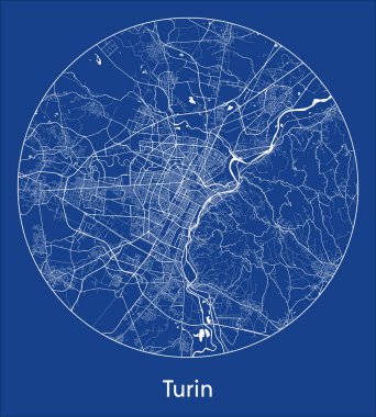 Torino 'nun İtalya Şehir Haritası Avrupa Çember vektör illüstrasyonunda mavi baskı