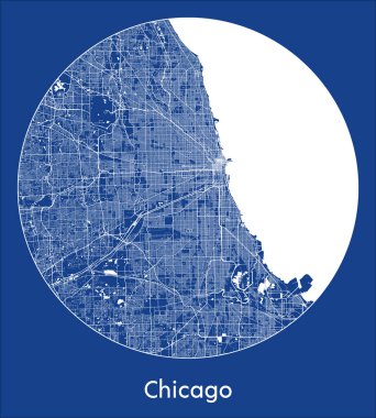 Chicago Haritası. Kuzey Amerika Birleşik Devletleri. Mavi baskı. Dairesel vektör çizimi.