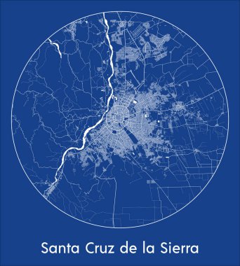 Şehir Haritası Santa Cruz de la Sierra Bolivya Güney Amerika Mavi baskı yuvarlak daire vektör çizimi