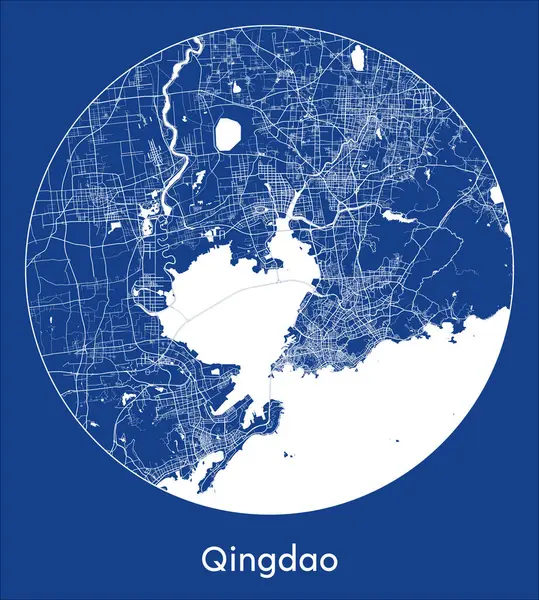 Mapa Miasta Qingdao Chiny Azja Niebieski Nadruk Okrągły Wektor Koła — Wektor stockowy