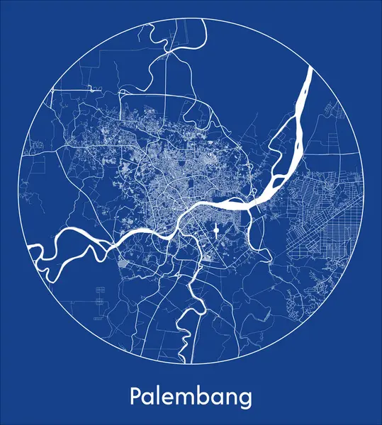 Gambar Vektor Lingkaran Bundar Cetak Biru Peta Kota Palembang Indonesia - Stok Vektor
