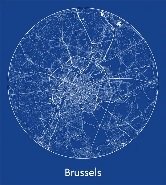 比利时布鲁塞尔市地图欧洲蓝色印刷圆形圆形矢量图解 — 图库矢量图片