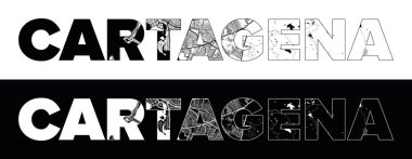 Siyah beyaz şehir haritası illüstrasyon vektörüyle Cartagena City Name (Kolombiya, Güney Amerika)