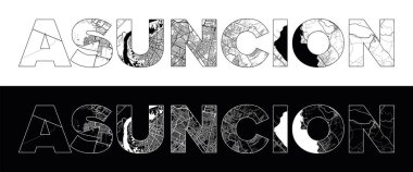 Siyah beyaz şehir haritası illüstrasyon vektörüyle Asuncion Şehri Adı (Paraguay, Güney Amerika)