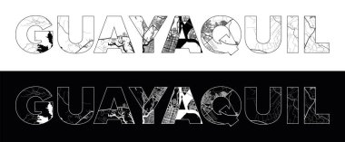 Guayaquil Şehir Adı (Ekvador, Güney Amerika) siyah beyaz şehir haritası çizim vektörü