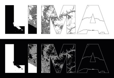 Siyah beyaz şehir haritası illüstrasyon vektörüyle Lima Şehri Adı (Peru, Güney Amerika)