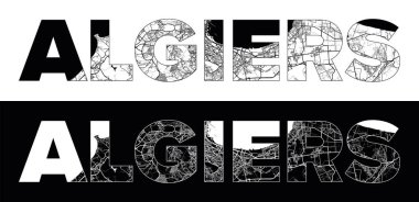 Cezayir Şehri Adı (Cezayir, Afrika) siyah beyaz şehir haritası illüstrasyon vektörü