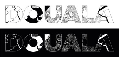 Siyah beyaz şehir haritası illüstrasyon vektörüyle Douala Şehri Adı (Kamerun, Afrika)