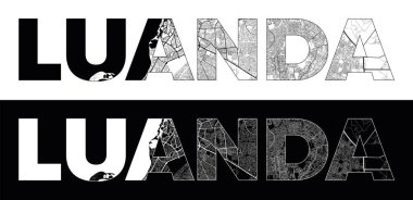 Siyah beyaz şehir haritası illüstrasyon vektörüyle Luanda Şehri Adı (Angola, Afrika)