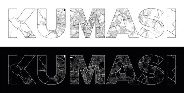 Kumasi City Name (Ghana, Africa) with black white city map illustration vector clipart