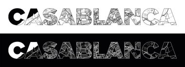 Siyah beyaz şehir haritası illüstrasyon vektörüyle Kazablanka Şehri Adı (Fas, Afrika)