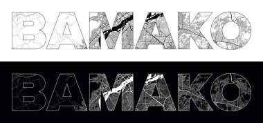 Siyah beyaz şehir haritası illüstrasyon vektörüyle Bamako Şehri Adı (Mali, Afrika)