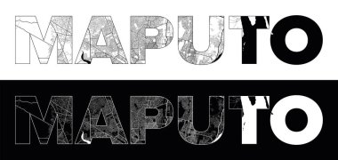 Siyah beyaz şehir haritası illüstrasyon vektörüyle Maputo Şehri Adı (Mozambik, Afrika)