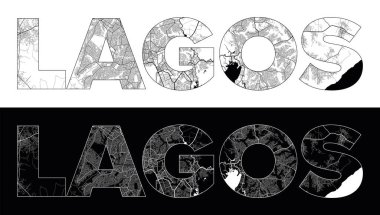Siyah beyaz şehir haritası illüstrasyon vektörüyle Lagos Şehri Adı (Nijerya, Afrika)