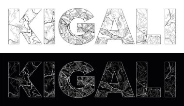 Siyah beyaz şehir haritası illüstrasyon vektörlü Kigali Şehri Adı (Ruanda, Afrika)