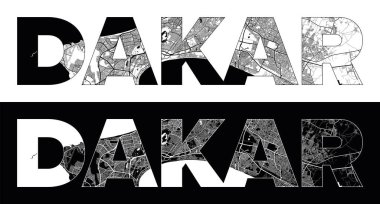 Siyah beyaz şehir haritası illüstrasyon vektörüyle Dakar Şehri Adı (Senegal, Afrika)