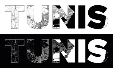 Tunus Şehri Adı (Tunus, Afrika) siyah beyaz şehir haritası illüstrasyon vektörü