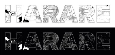 Harare Şehir Adı (Zimbabwe, Afrika) siyah beyaz şehir haritası illüstrasyon vektörü