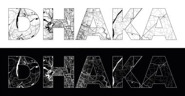 Siyah beyaz şehir haritası illüstrasyon vektörüyle Dhaka Şehri Adı (Bangladeş, Asya)